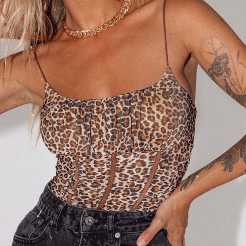 Leopard Corset XS Mesh Sheer Cami Y2K Mob Wife Indie Sleaze Whimsigoth Grunge